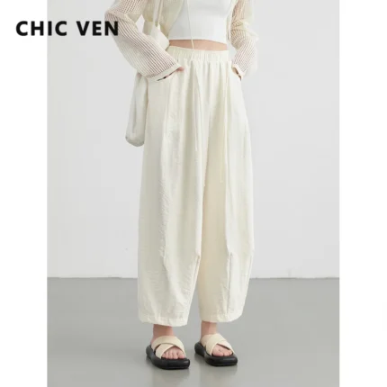 CHIC VEN Women White Pants Solid Casual Elastic Waist High Waisted Pleated Wide Leg Female Trousers  Fold Summer 2025 Clothing
